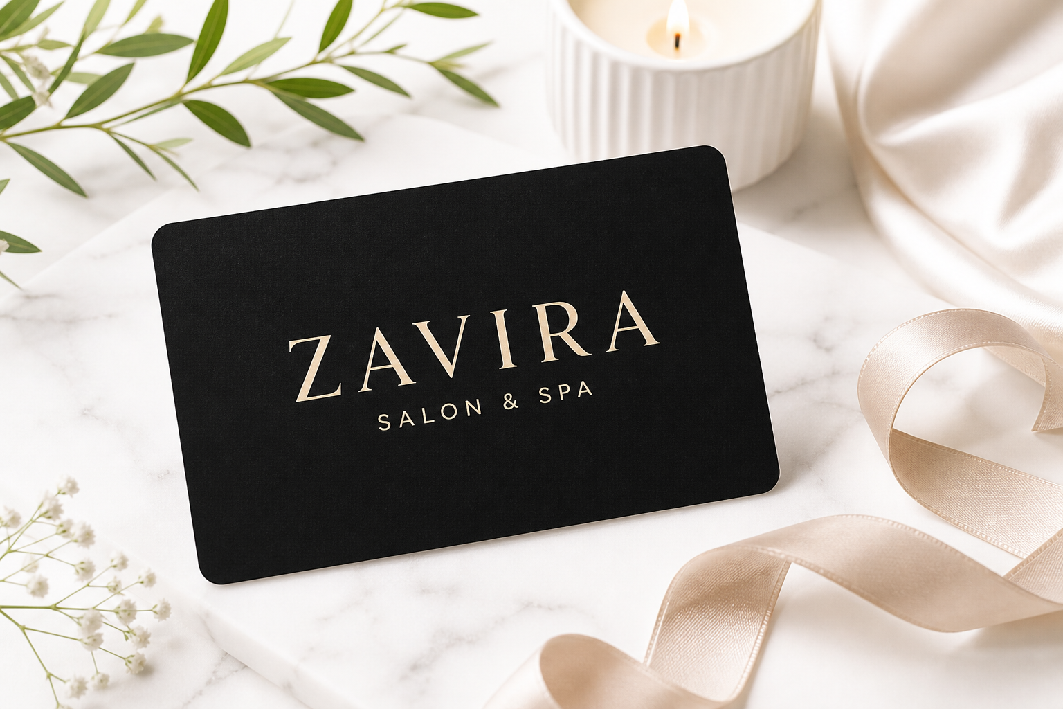 Zavira Salon & Spa gift card on a marble spa background